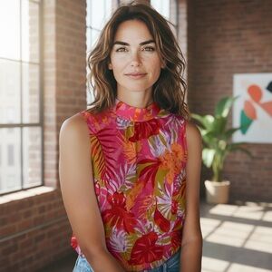 Emily Wonder Tropical Tie-Neck Sleeveless Blouse Women’s Size medium